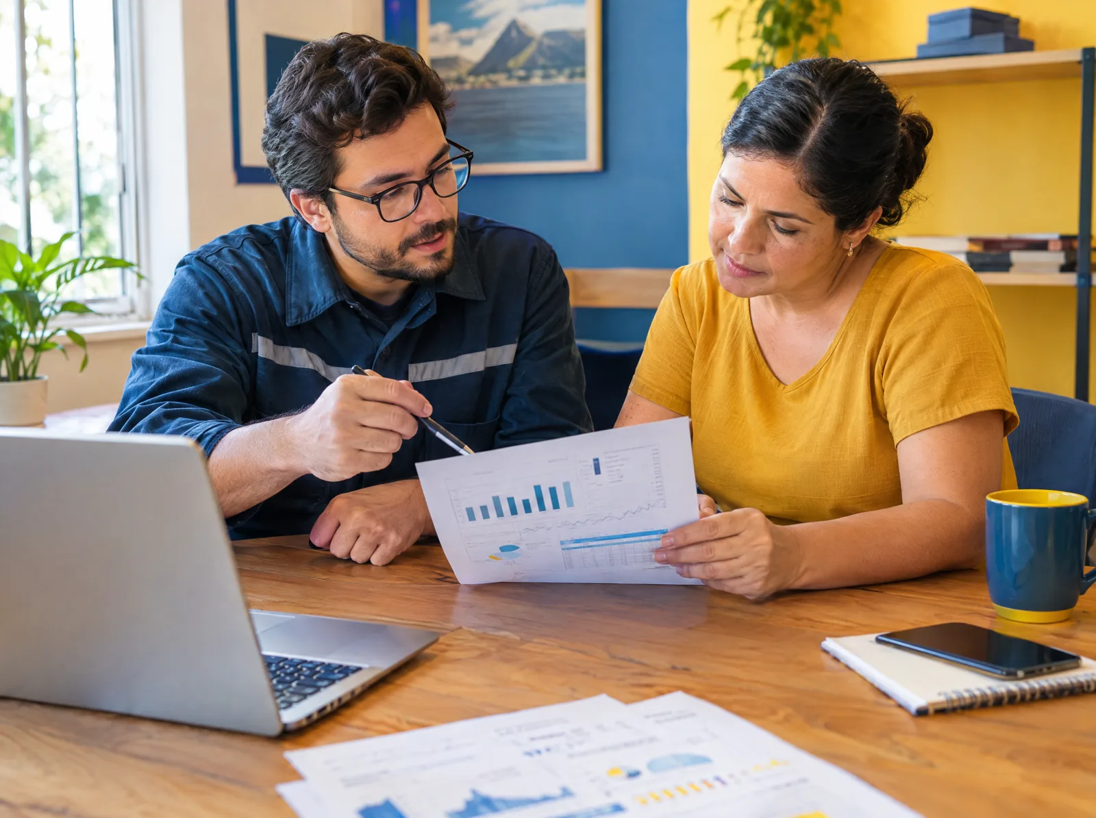Engenheiro da Engetech analisando a conta de energia com uma cliente