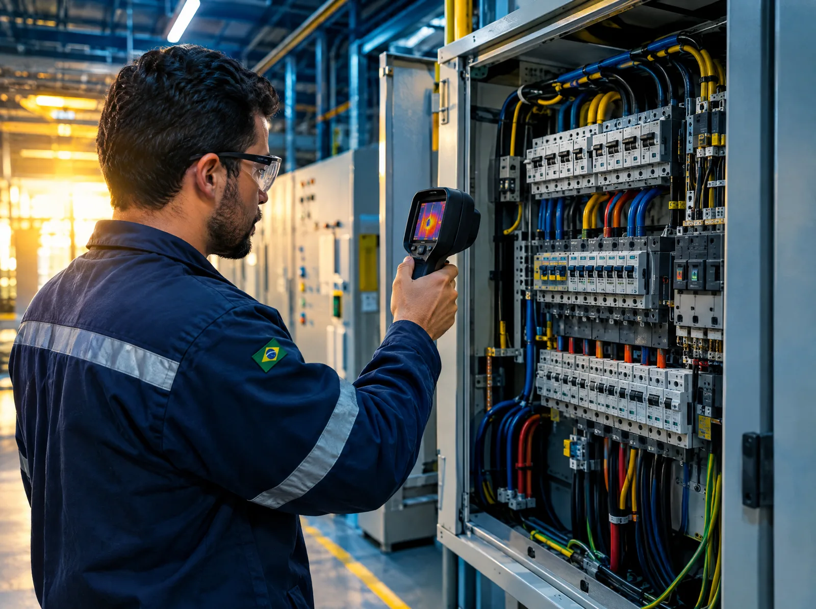 Engenheiro fazendo termografia em um quadro elétrico industrial